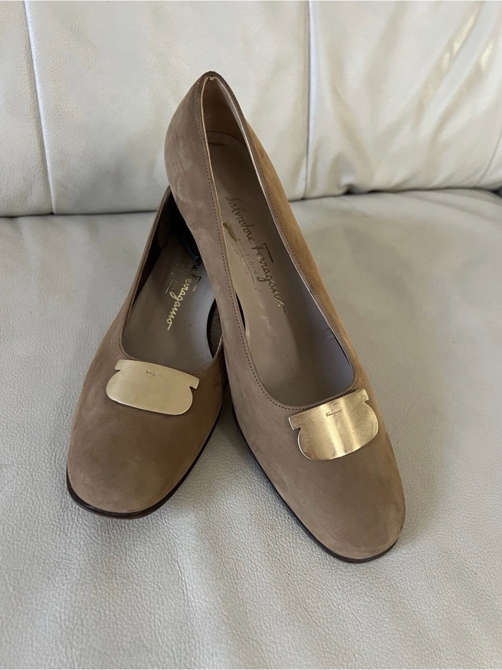 Salvatore Ferragamo Taupe Suede Vara-Inspired Ballet Flats with Gold Plaque